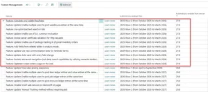 Eksempel på liste over Styring af funktioner / Feature Management i Business Central
