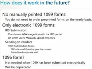 Fremadrettet kommer Business Central til at understøtte indberetning af IRS 1099 elektronisk via API integration. 
