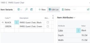 Eksempel på variantliste med attributter i faktaboksen