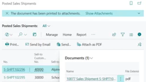 Eksempel på vedhæftning tilknyttet en bogført salgsleverance