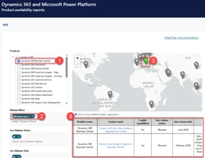 Her har vi filtreret på Business Central (1). Release 2026, wave 1 (2), for Italien (3) og kan se funktionerne (4)